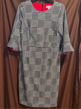 Black and White Houndstooth Sheath Dress with Red Lining